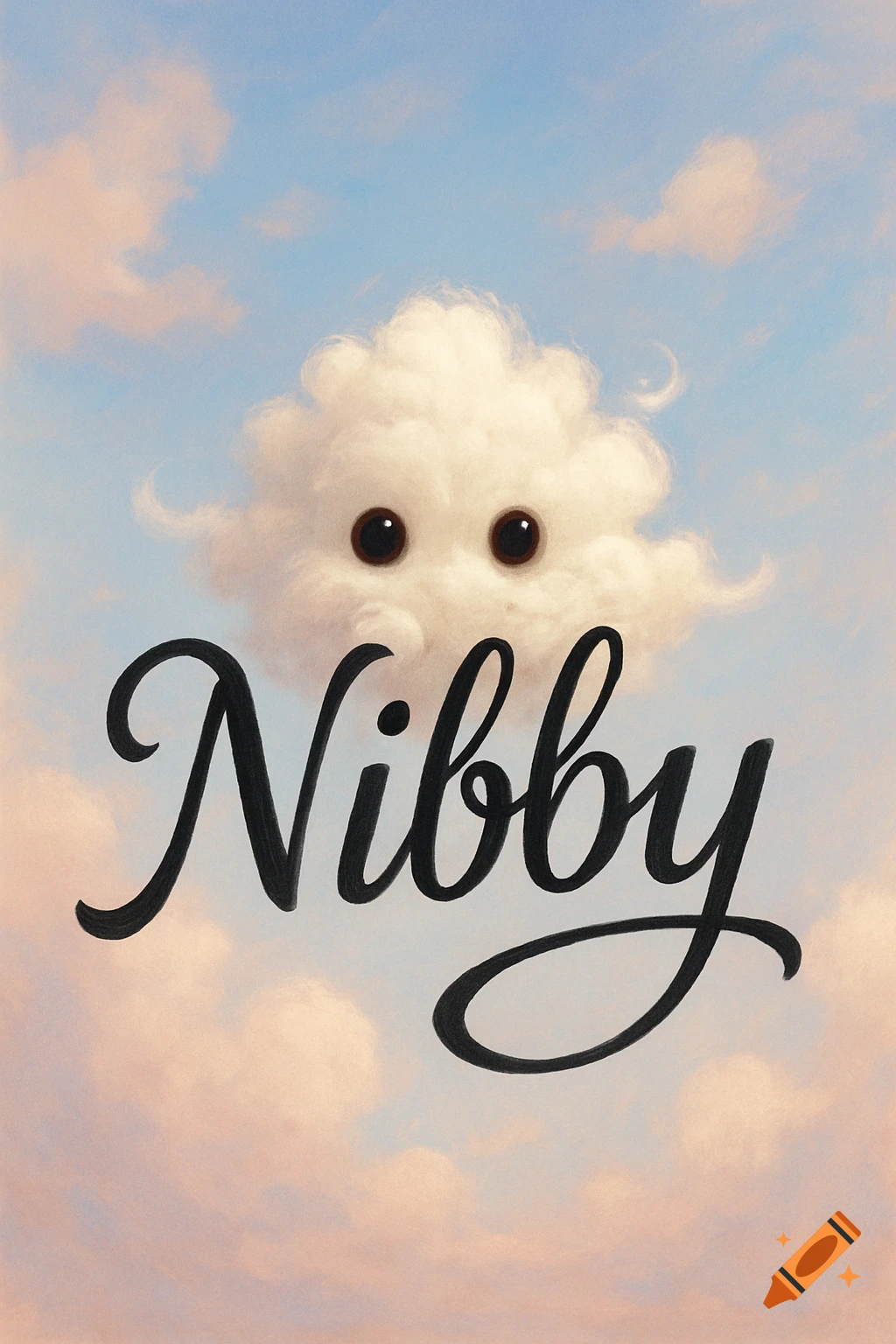 A cute, fluffy white cloud with shy eyes peeking from behind the stylized black text "Nibby" against a soft blue and pink sky.