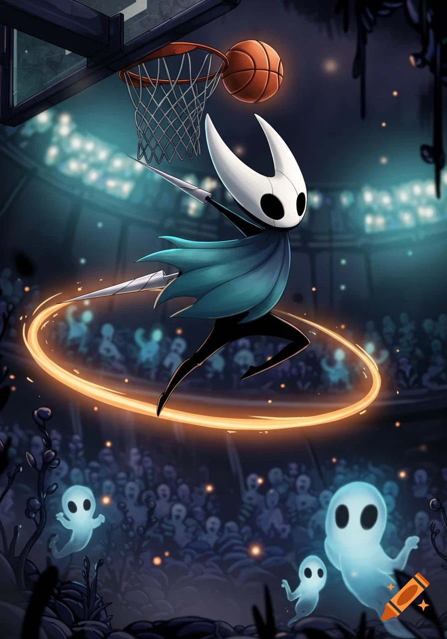 The Knight from Hollow Knight is mid-dunking a basketball in a brightly lit arena, surrounded by ghostly spectators.