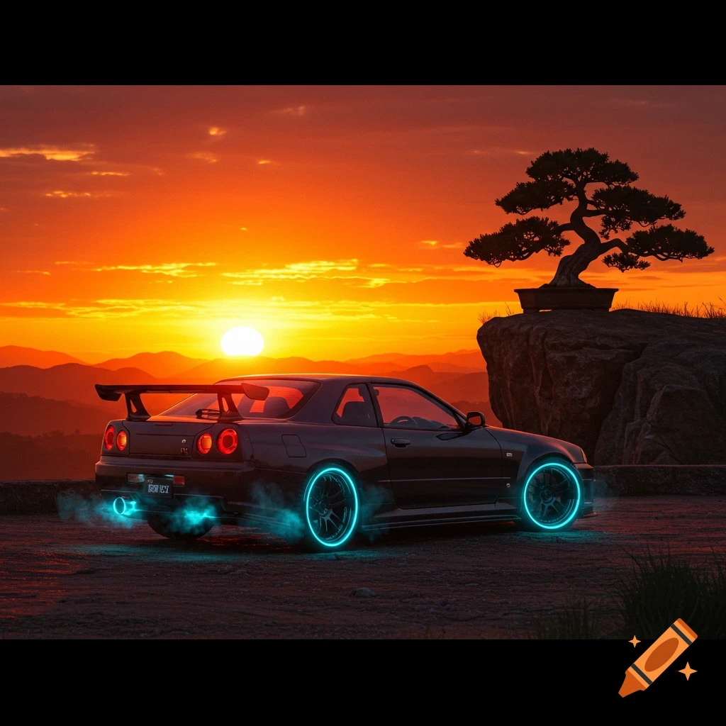 A Nissan Skyline R34 car with neon glow, parked on a cliff with a bonsai tree, set against a vibrant orange sunset.