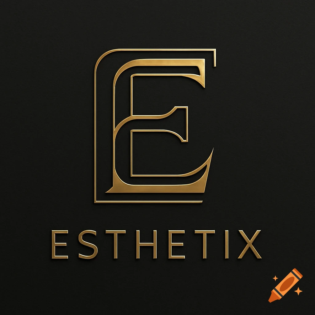 A luxurious gold letter 'E' logo with intricate lines above the word 'ESTHETIX' in gold text, all on a dark textured background.