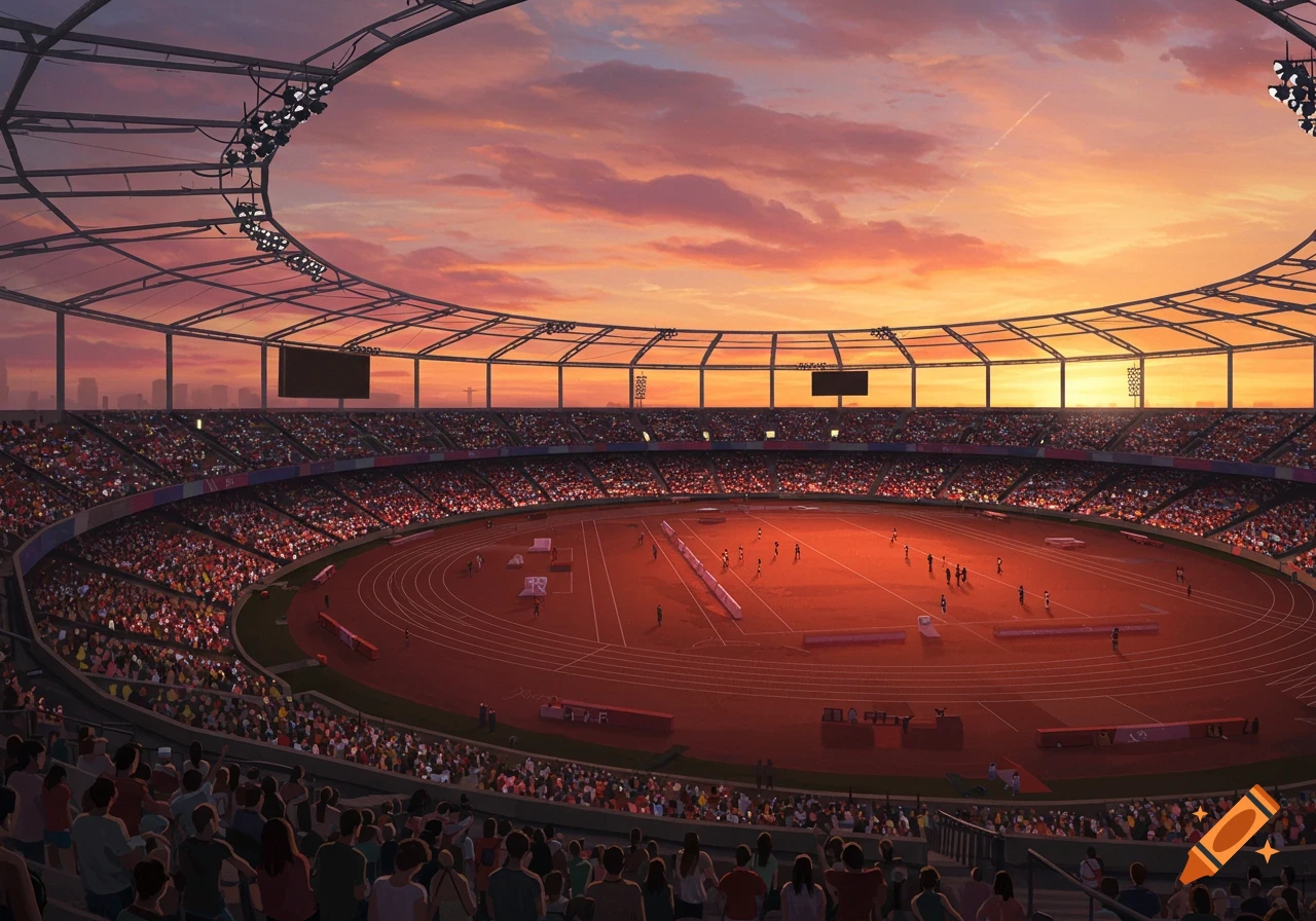 An Olympic stadium filled with spectators and athletes on a track and field, under a vibrant sunset sky.