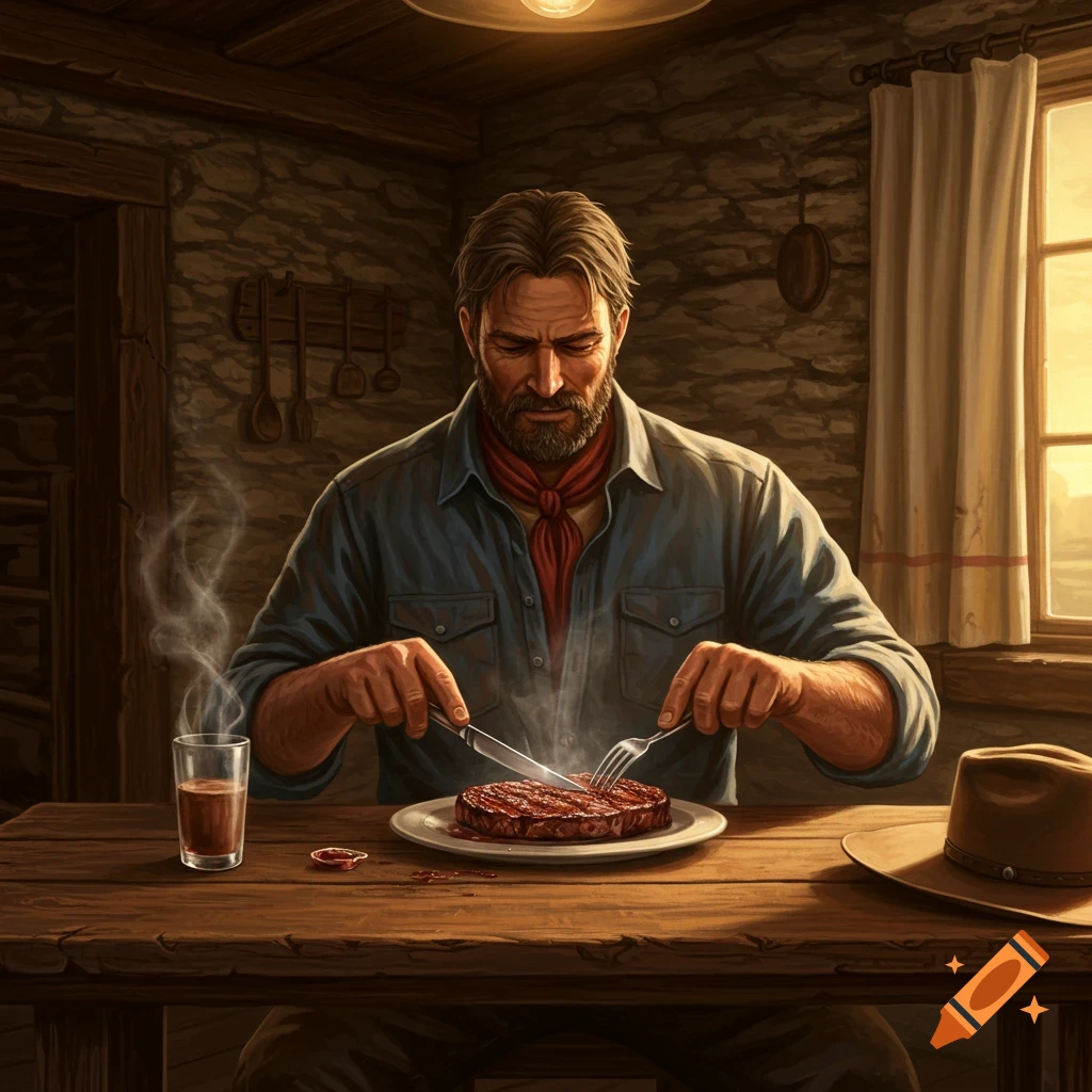 A bearded man in a blue shirt and red bandana cuts into a steaming steak at a rustic wooden table in a cabin.