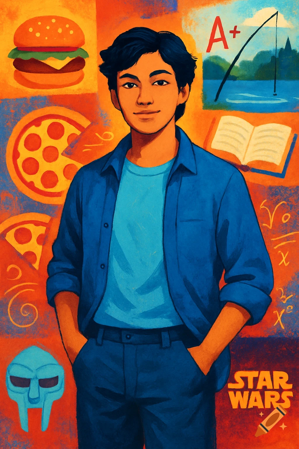 A stylized portrait of a young person in a blue shirt with various hobbies and interests surrounding them, including a hamburger, pizza, an A+ grade, fishing, a book, math equations, the MF DOOM mask, and the Star Wars logo.