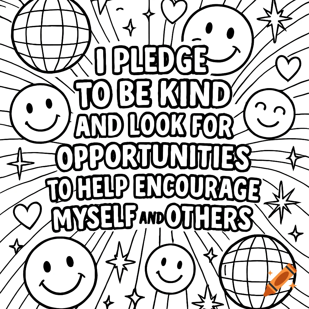 Black and white coloring page with pledge 'I PLEDGE TO BE KIND...' surrounded by smiley faces, disco balls, hearts, and starbursts.