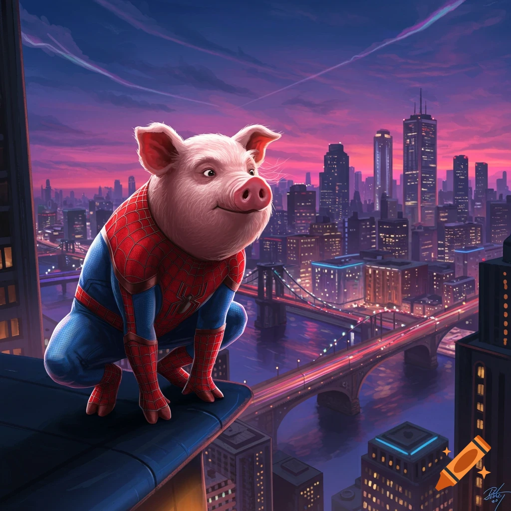 A cute pig dressed as Spiderman crouches on a skyscraper rooftop, gazing out at a vibrant city skyline during sunset.