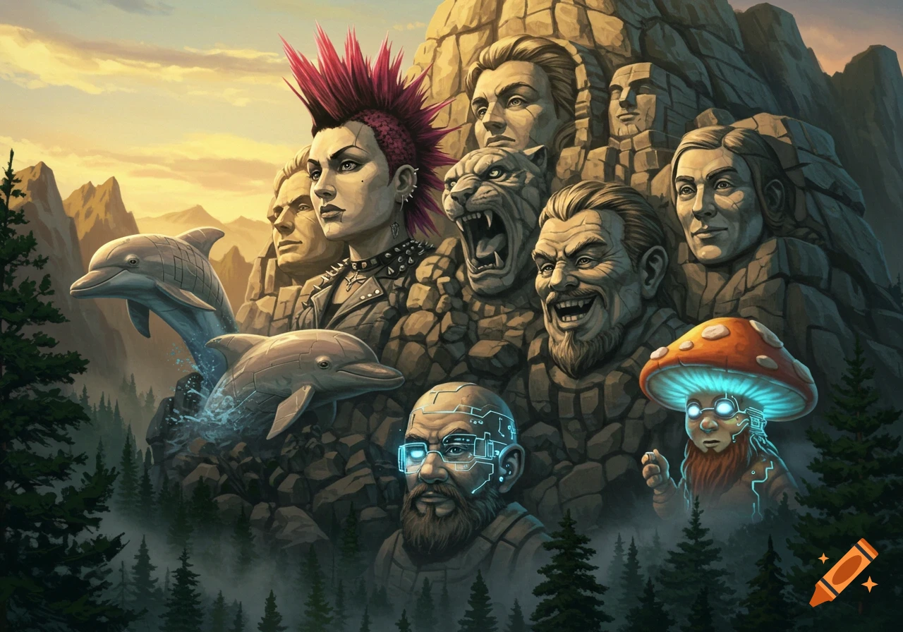 A fantasy Mount Rushmore-style mountain carving featuring a punk rocker, roaring cat, laughing man, cyber gnome, glowing mushroom man, and dolphins.
