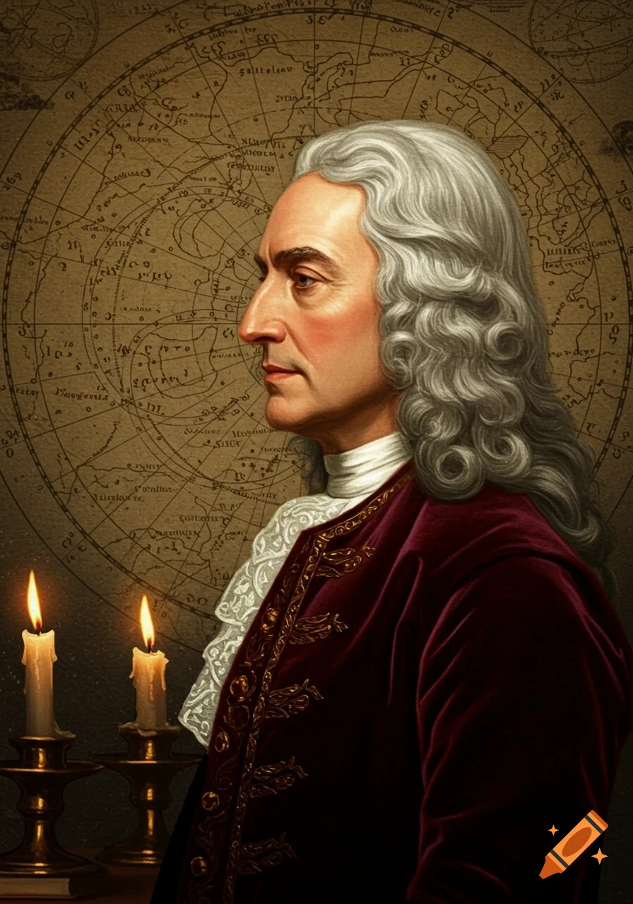 A profile portrait of a man in a white wig and red velvet coat, with candles and an antique map in the background.