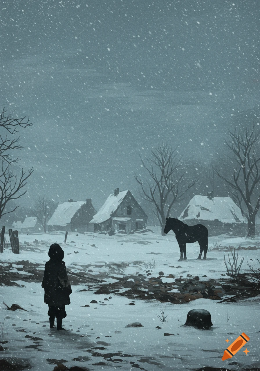 A somber, snowy landscape with a child silhouette, a horse, and ruined houses, rendered in a vintage illustration style.
