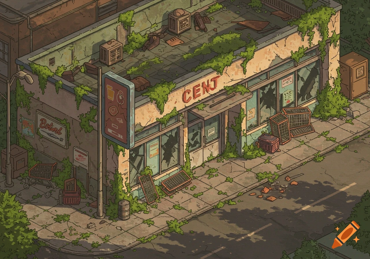 A top-down pixel art illustration of an abandoned, overgrown store with broken windows and a 'CENT' sign.