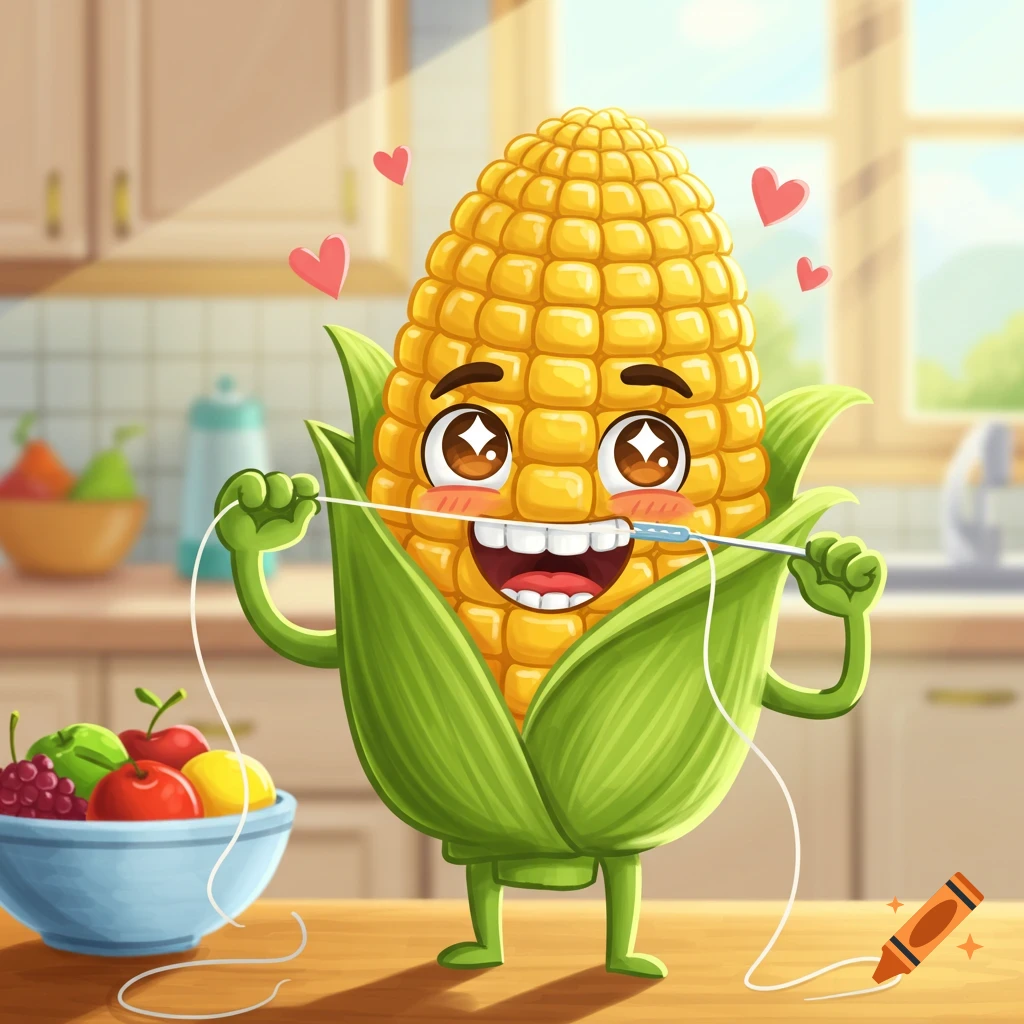 A happy cartoon corn on the cob flossing its teeth in a bright kitchen with a fruit bowl nearby.