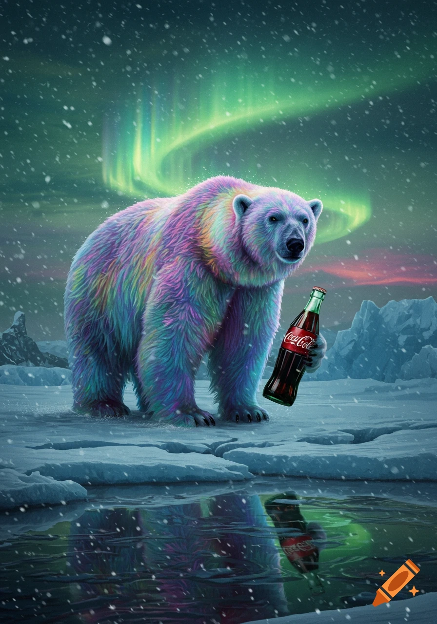 A rainbow polar bear stands on ice under the Northern Lights, holding a Coca-Cola bottle.