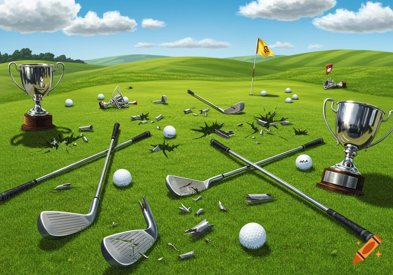 A golf course covered in broken golf clubs, shattered trophies, and golf balls, set under a blue sky.
