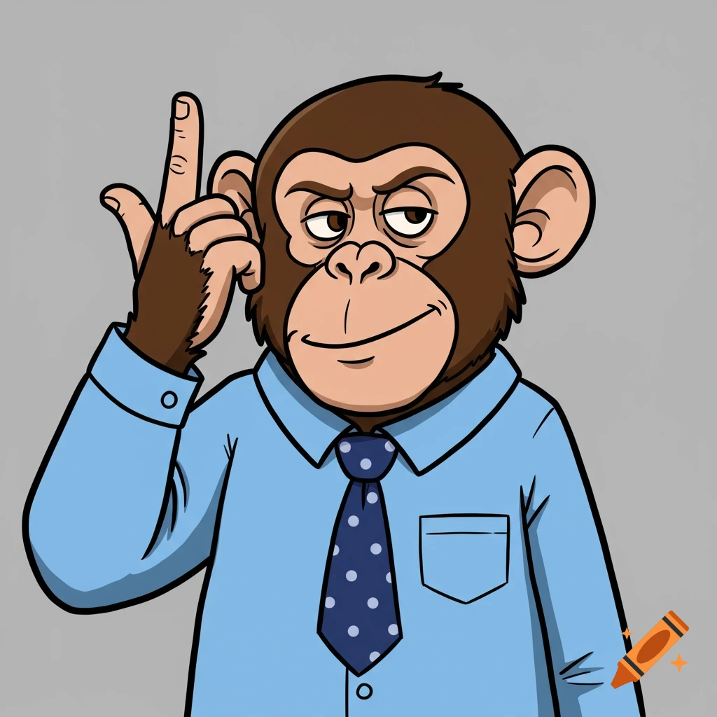 A cartoon chimpanzee in a blue shirt and polka dot tie, making a 'loser' gesture with a sarcastic expression.