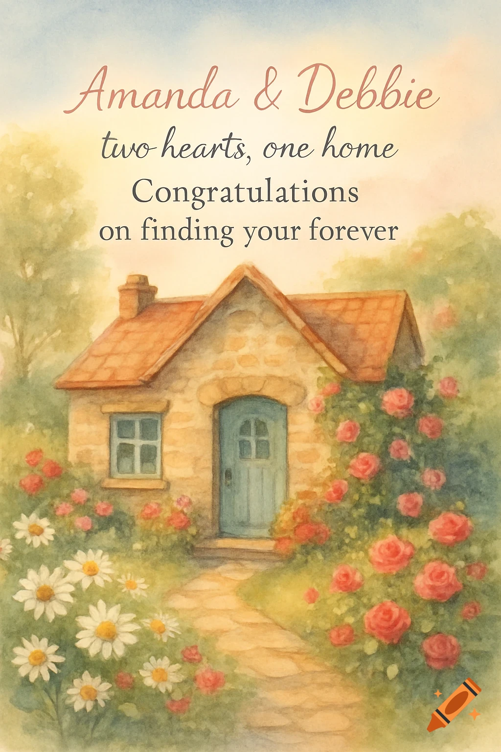 Watercolor of a stone cottage with a blue door, surrounded by roses and daisies. Text: 'Amanda & Debbie two hearts, one home Congratulations on finding your forever'.