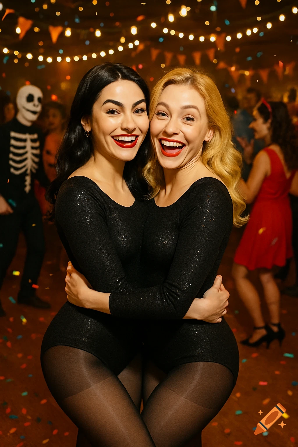 Two laughing women, appearing to share a body in black leotards and tights, pose at a festive Halloween party with a skeleton in the background.