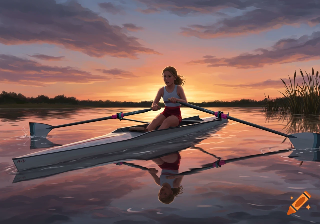A young woman rows a scull across a calm lake at sunset, with a vibrant orange and purple sky.