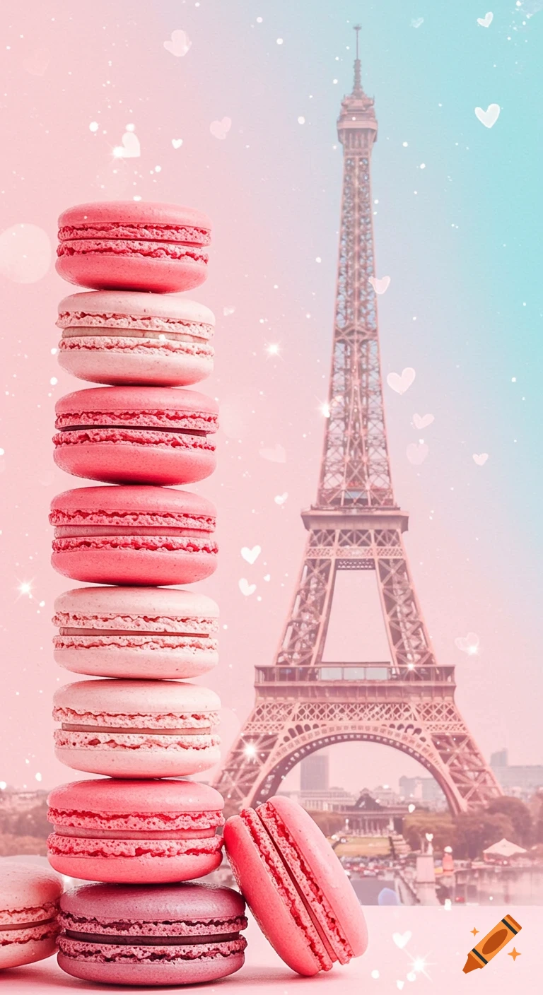 Pink and white macarons stacked in front of a blurry Eiffel Tower against a pink and blue sparkling sky.