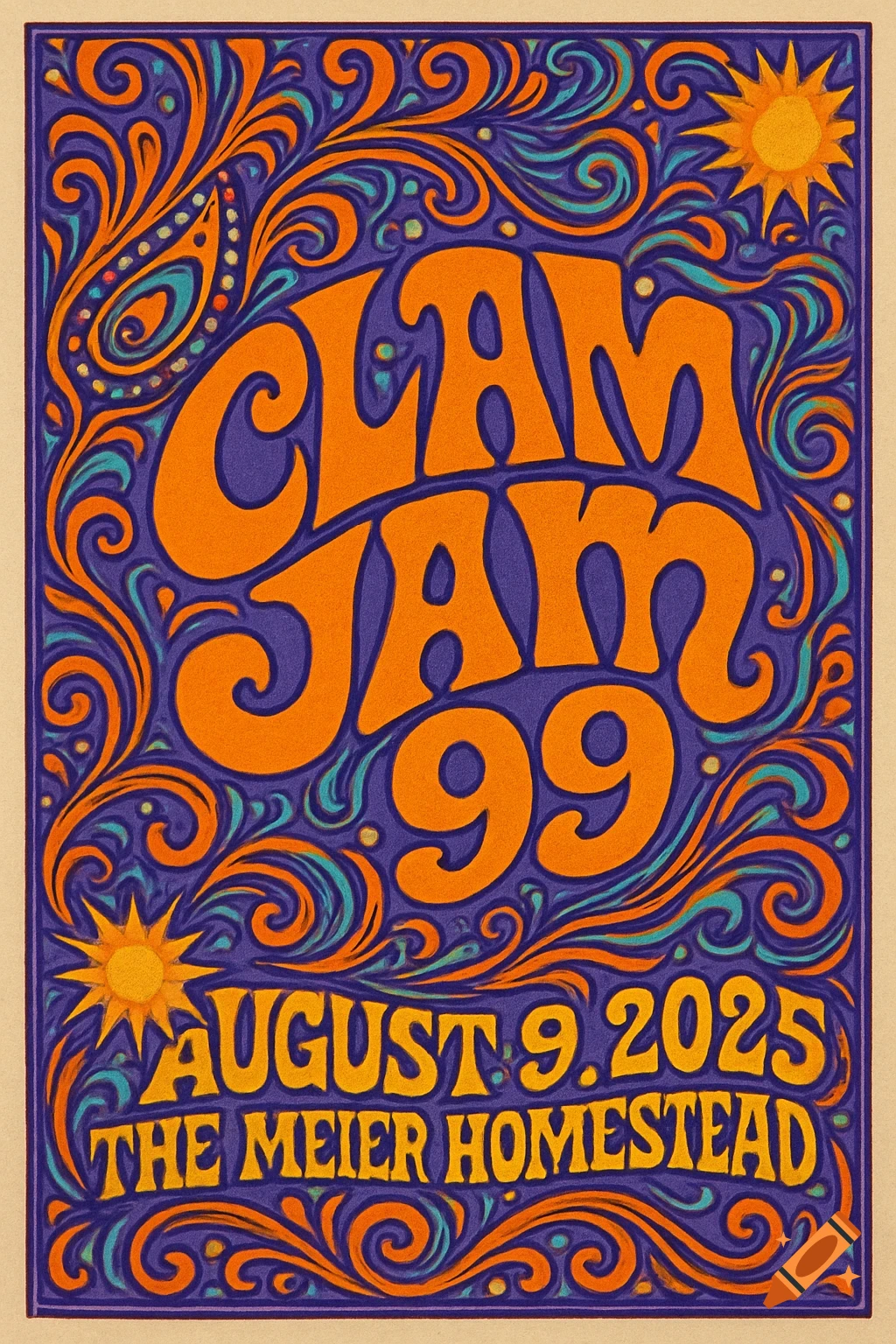 Psychedelic concert poster for Clam Jam 99 on August 9, 2025, at The Meier Homestead, with orange swirling text and patterns on a purple background.