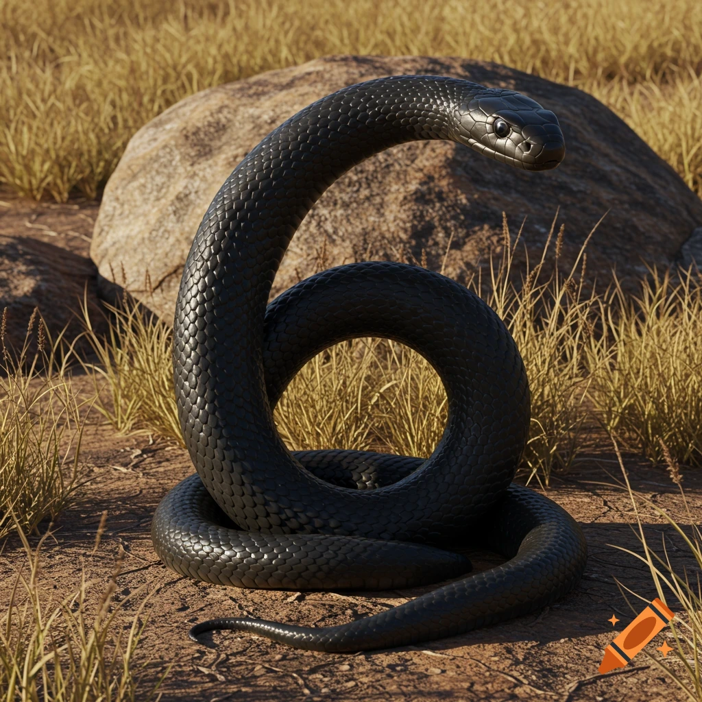 A photorealistic black mamba snake coiled to form the number 6, resting on dry dirt with grass and rocks in the background.