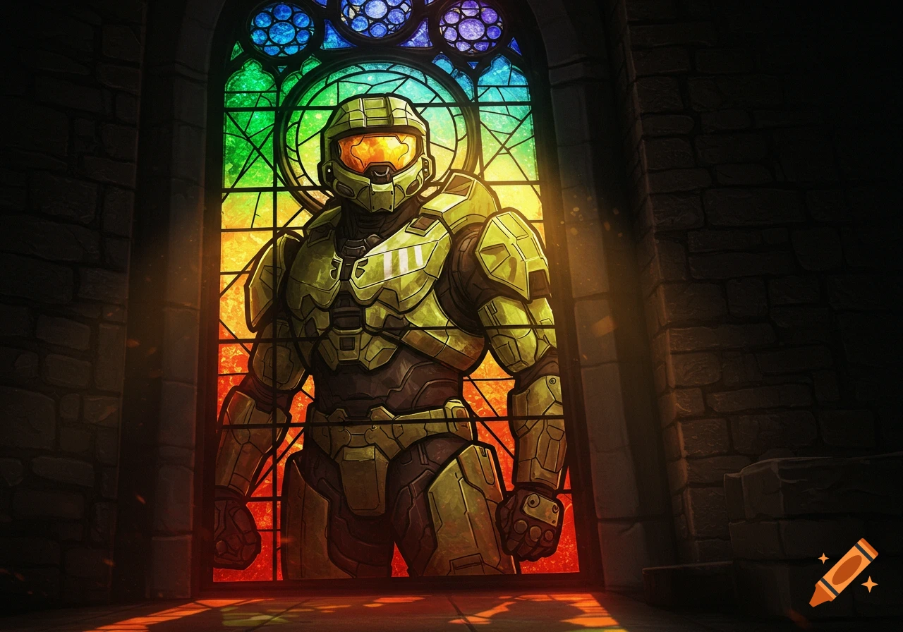 Master Chief in detailed green armor depicted in a vibrant stained glass window within a dark church, illuminated by rainbow light.