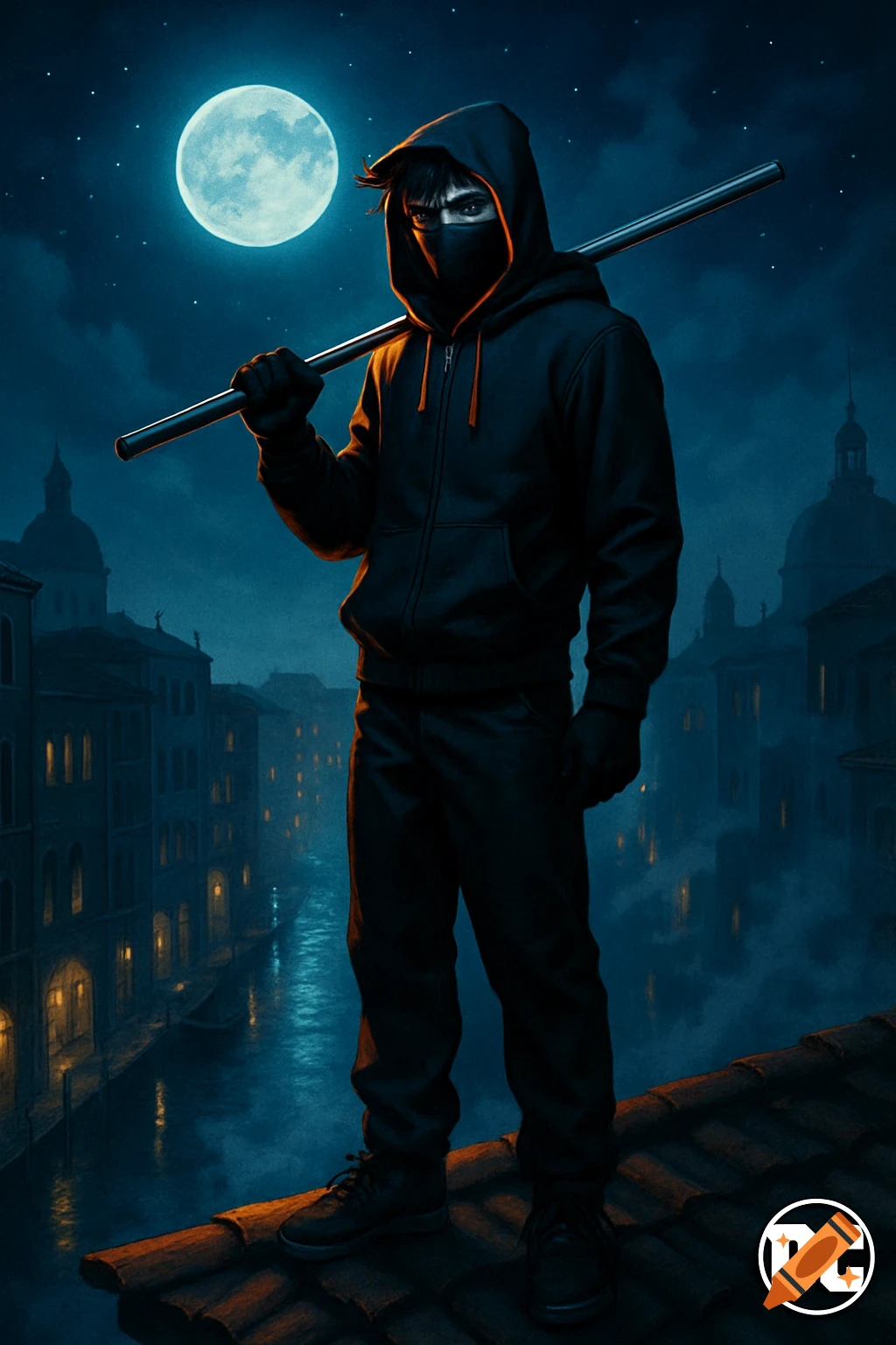 A stylized comic art illustration of a hooded figure on a Venice rooftop at night, holding a metal pole, with a bright full moon.