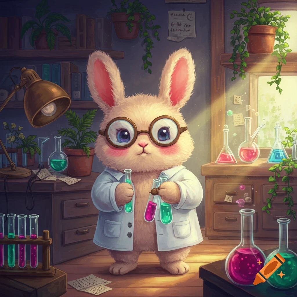 A fluffy, cartoon bunny wearing glasses and a lab coat, holding test tubes with colorful liquids in a science lab.