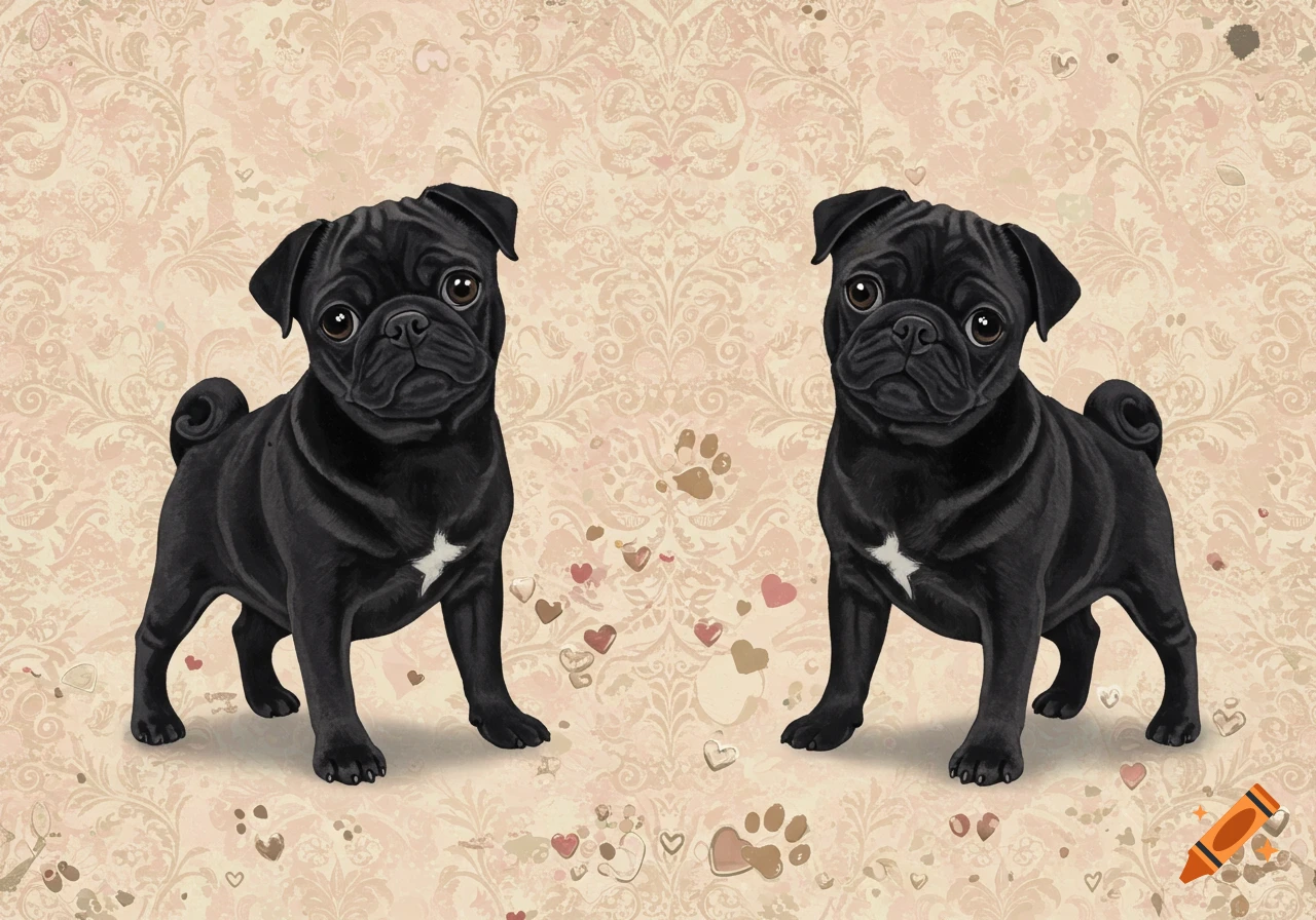 Two black pugs standing on a light pink and cream patterned background with hearts and paw prints.