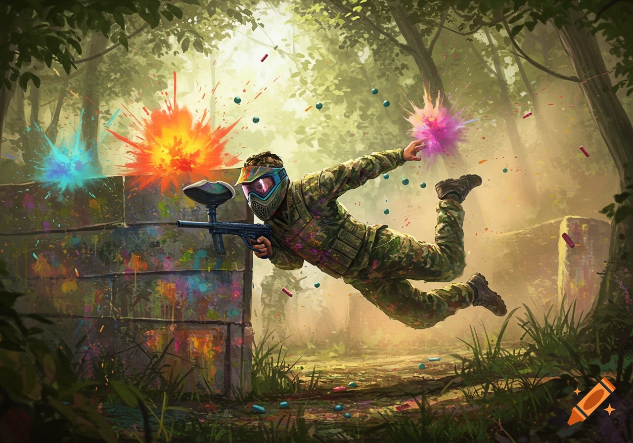 A person in camouflage paintball gear and mask leaps through a forest, surrounded by colorful paint explosions and splatters.