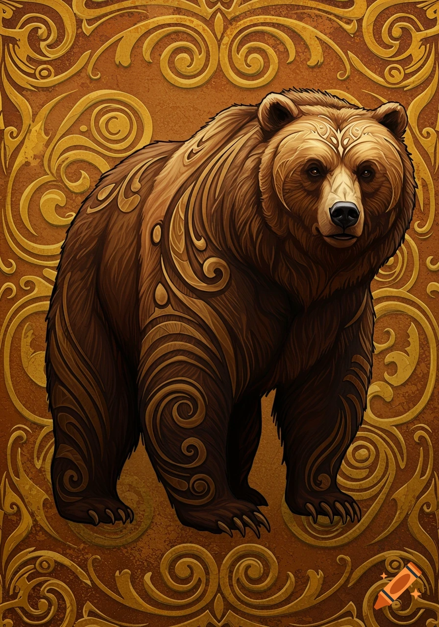 An illustration of a brown bear adorned with ornate gold swirling patterns, standing against a matching decorative gold background.