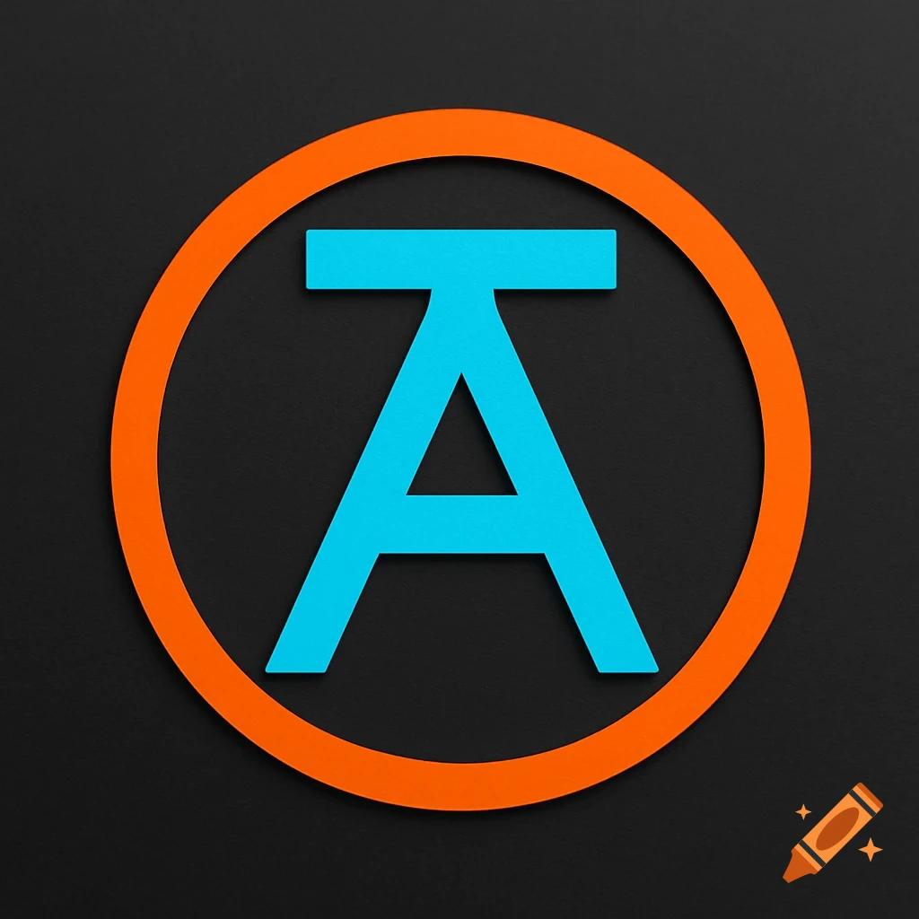 A minimalist logo featuring a light blue capital 'T' above a light blue capital 'A', both enclosed within a thick orange circle, on a dark gray background.
