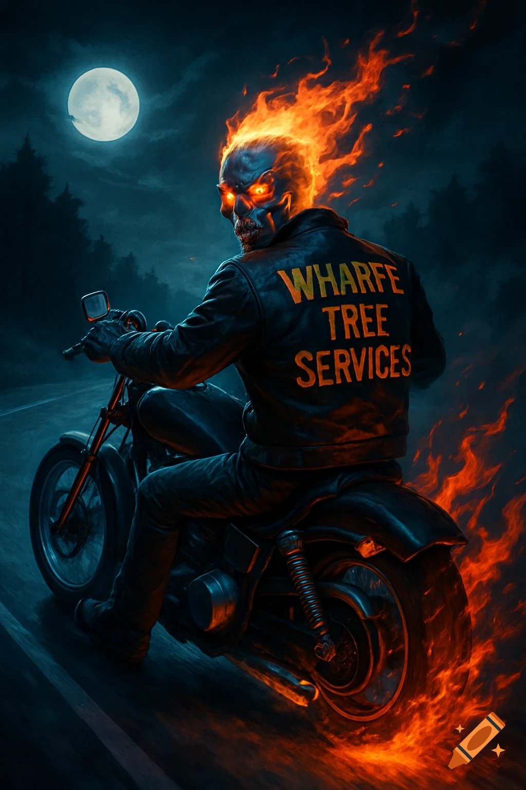 A skeleton with a flaming head rides a motorcycle at night under a full moon, wearing a jacket with 'WHARFE TREE SERVICES' on the back.