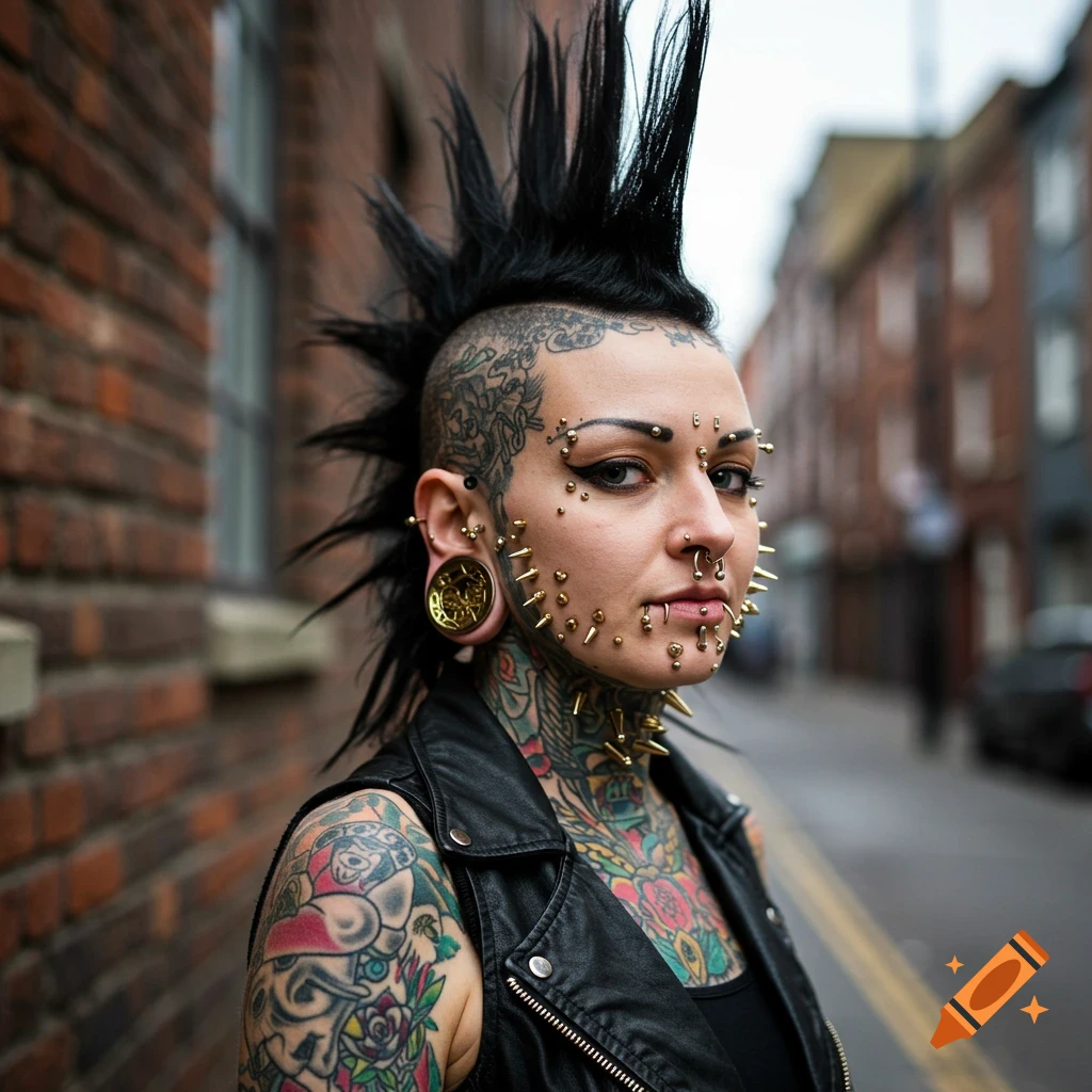 A punk woman with a tall mohawk, numerous facial and body piercings, and extensive tattoos, wearing a leather vest, stands on a street.