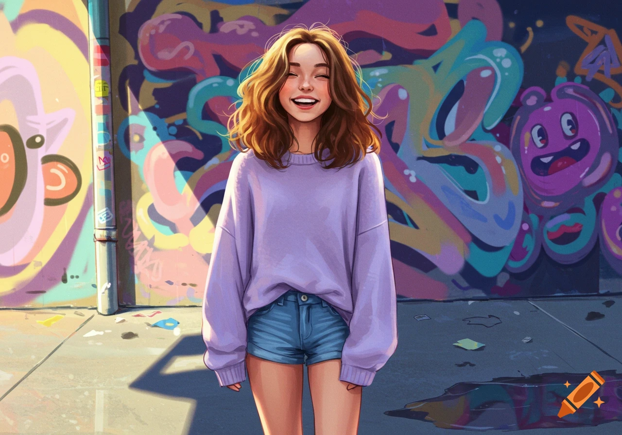 A smiling young woman with brown hair in a purple sweater and denim shorts stands before a colorful graffiti wall in an illustrative style.