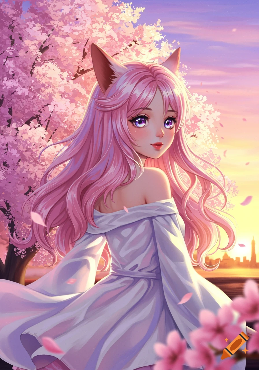 Anime girl with pink hair and animal ears in a white dress under cherry blossoms at sunset, looking over her shoulder.