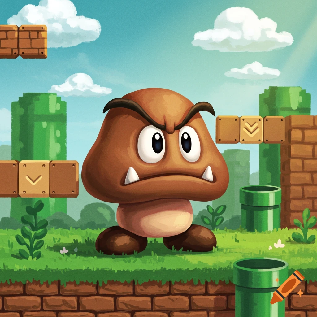 A cartoon Goomba character with a grumpy expression stands on a grassy platform in a pixelated video game world with brick blocks, pipes, and clouds.