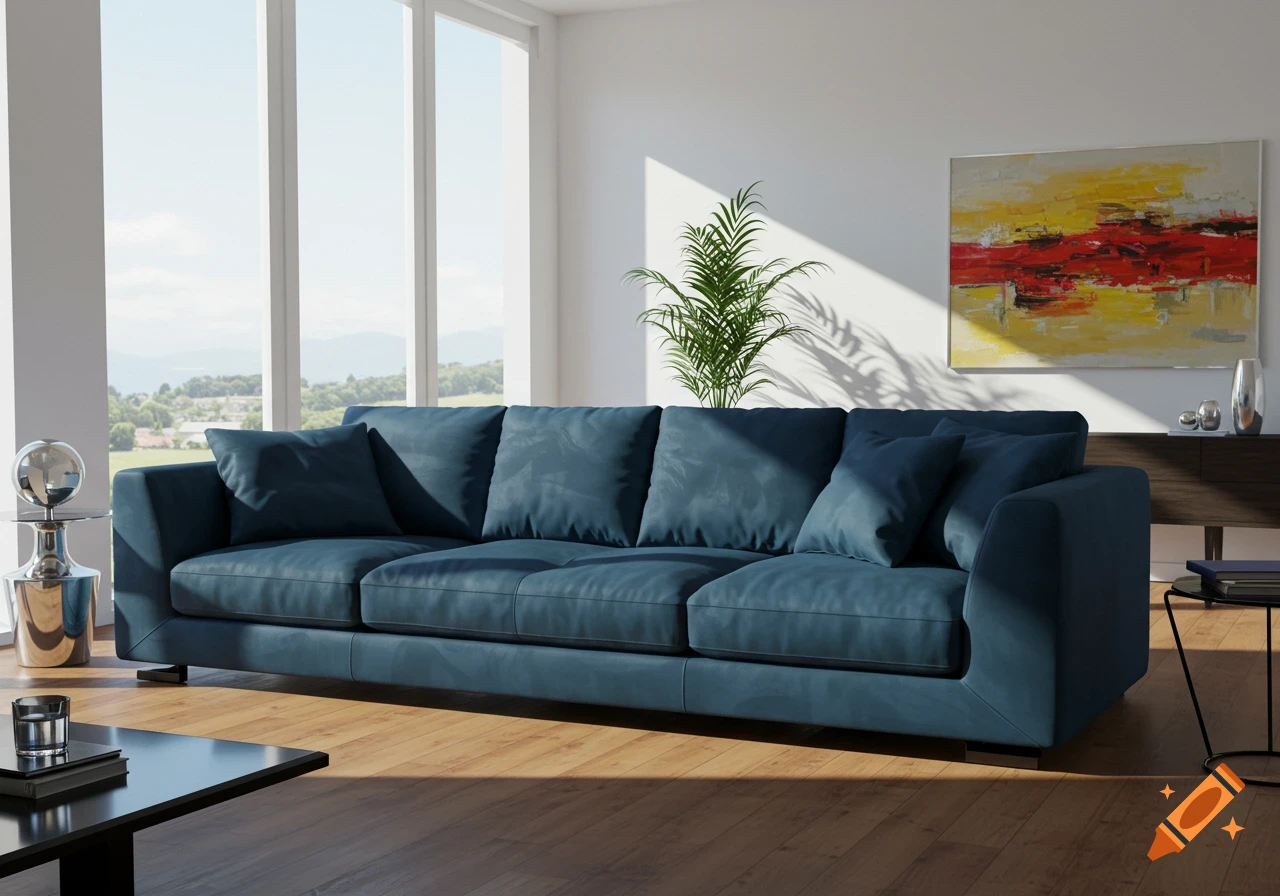 A photorealistic image of a large blue sofa in a bright, modern living room with a large window and a painting on the wall.