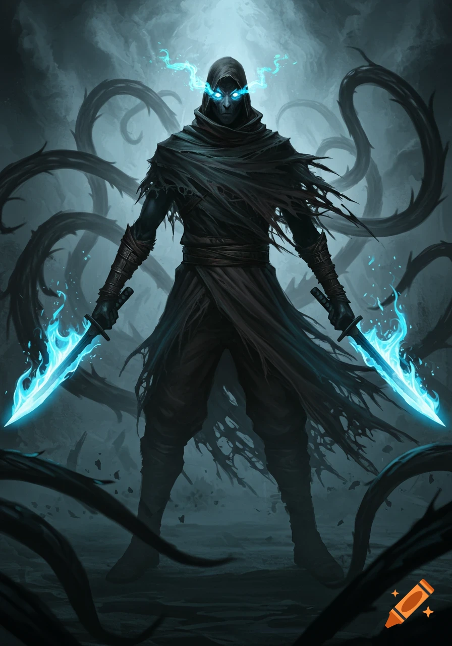 A dark, hooded figure with glowing blue eyes and tattered robes stands holding two glowing blue daggers, surrounded by shadowy tendrils in a dark fantasy art style.
