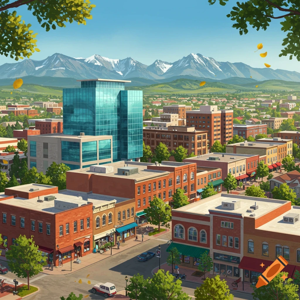 A vibrant, cartoonish city scene with brick and modern glass buildings along a street, lush green trees, and snow-capped mountains under a clear blue sky.