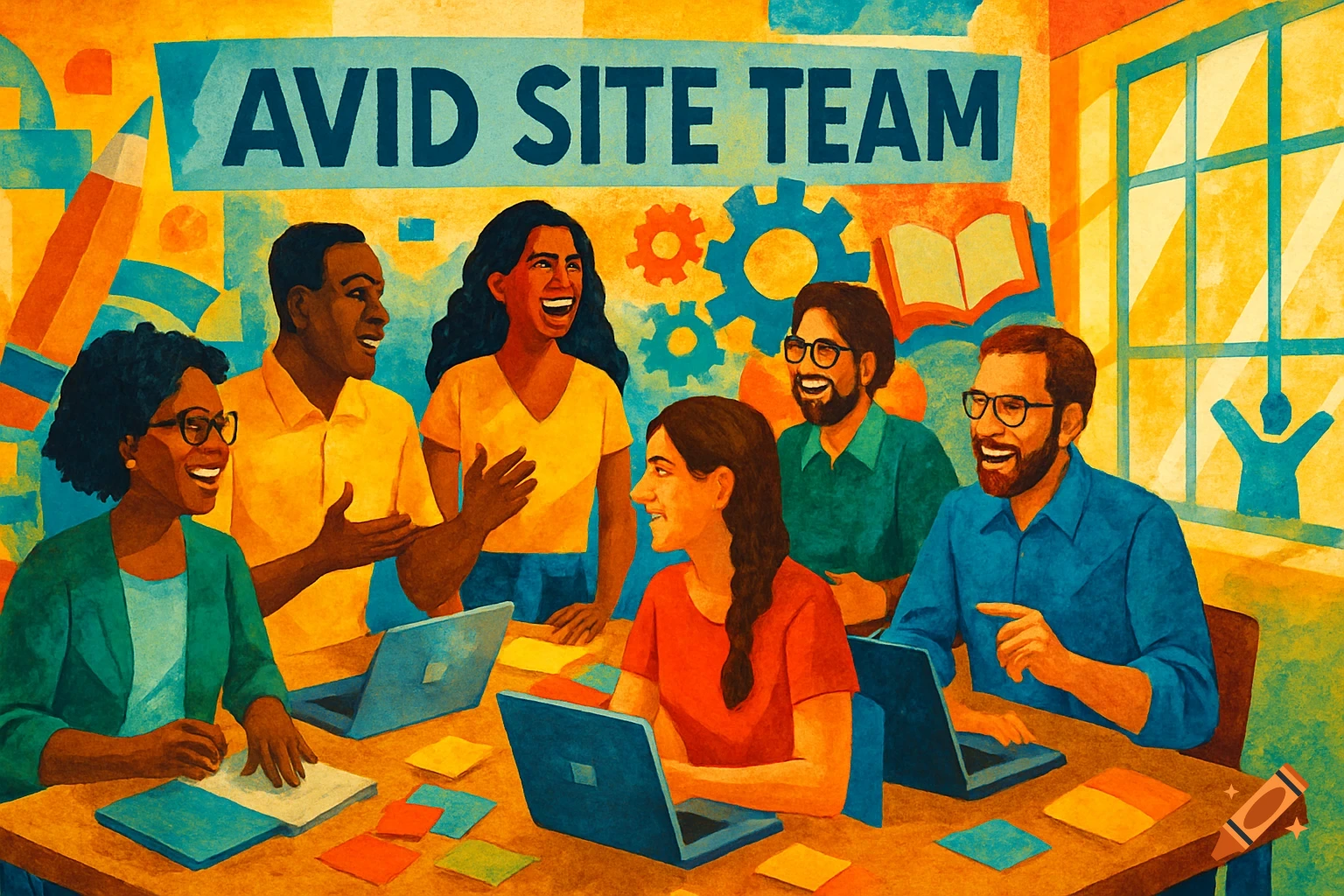 A diverse group of six people smiling and interacting around a table with laptops and papers, with 'AVID SITE TEAM' text above, in a vibrant watercolor style.