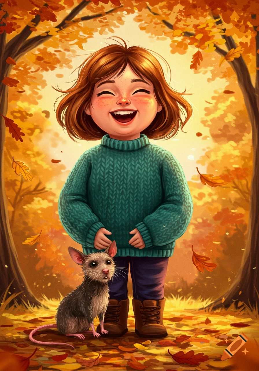 A happy cartoon girl with freckles and a teal sweater laughs, standing in an autumn forest with a small rat-like creature at her feet.