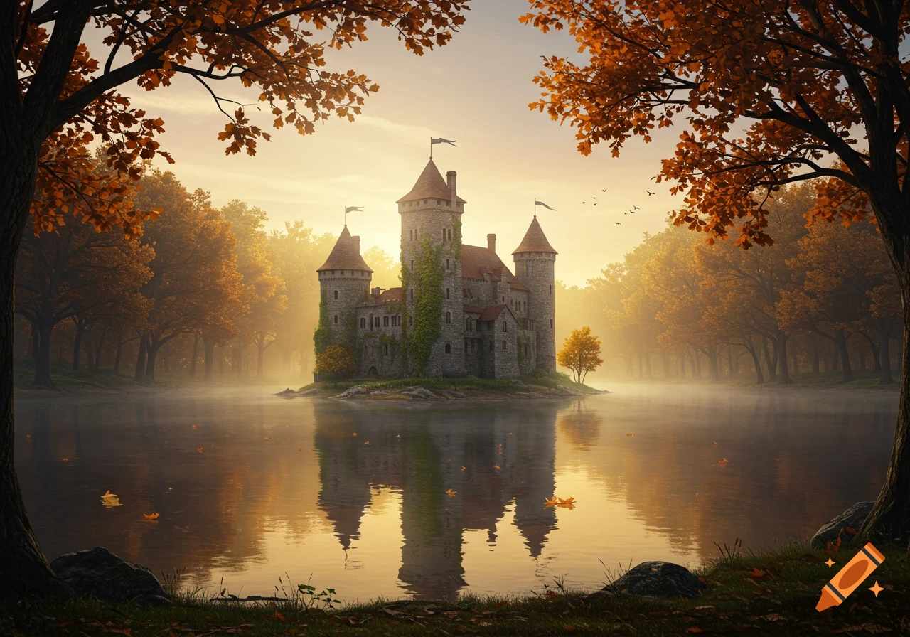 A fairytale castle on an island in a misty lake, surrounded by a vibrant oak forest with autumn foliage at sunset.