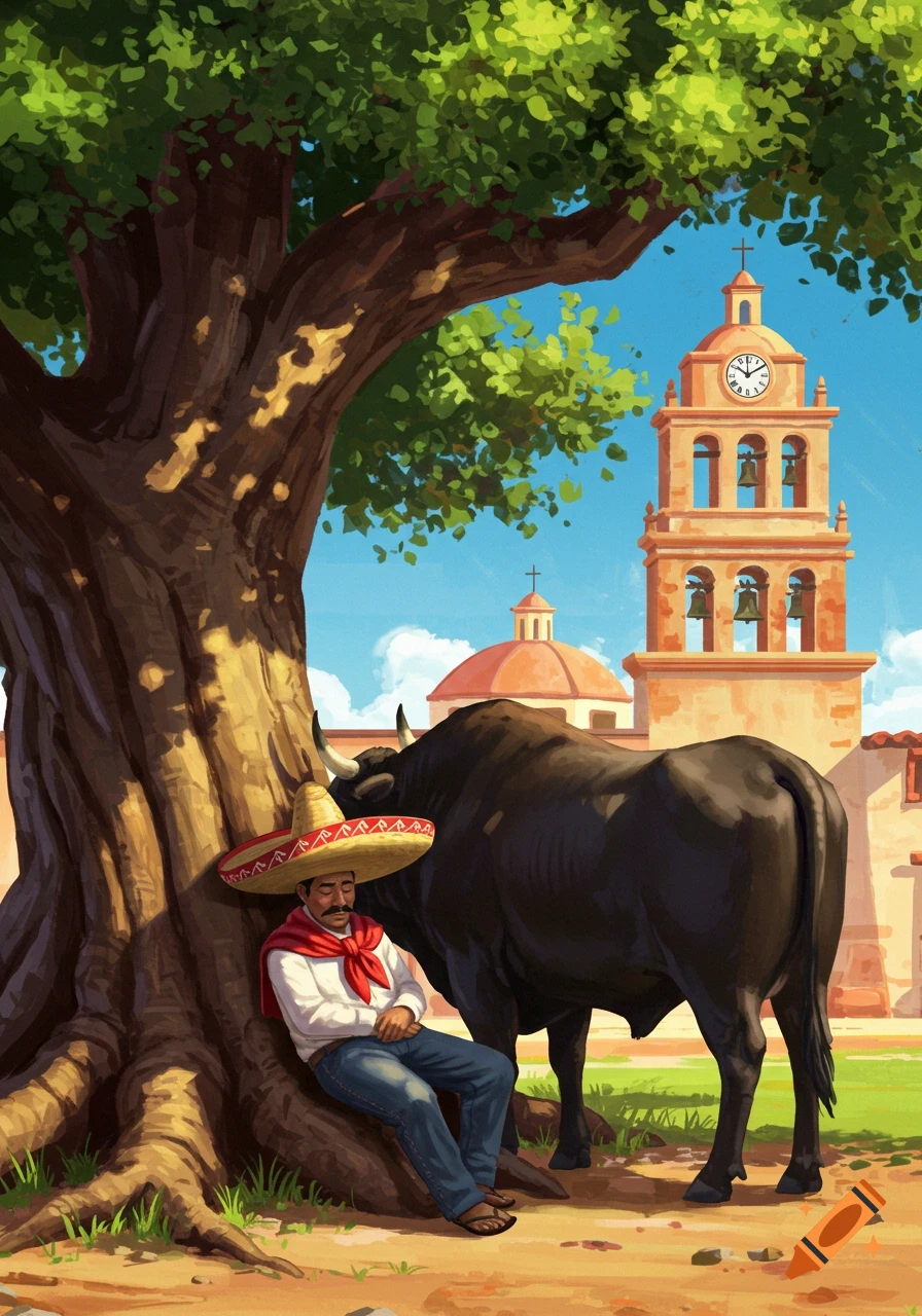 A man in a sombrero sleeps leaning against a large tree, with a bull standing nearby and a church bell tower in the background, in an illustration style.