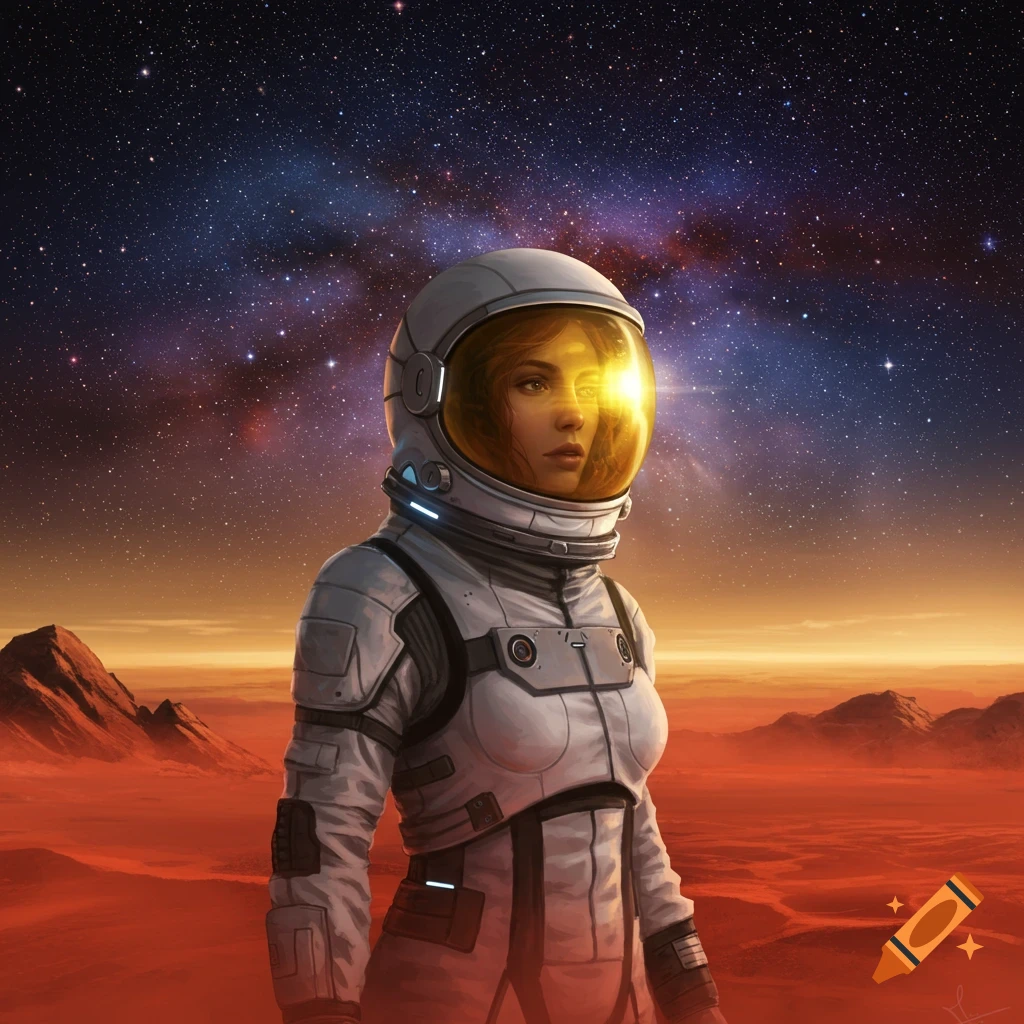 A female astronaut in a white suit stands on a reddish Martian landscape under a starry, cosmic sky.