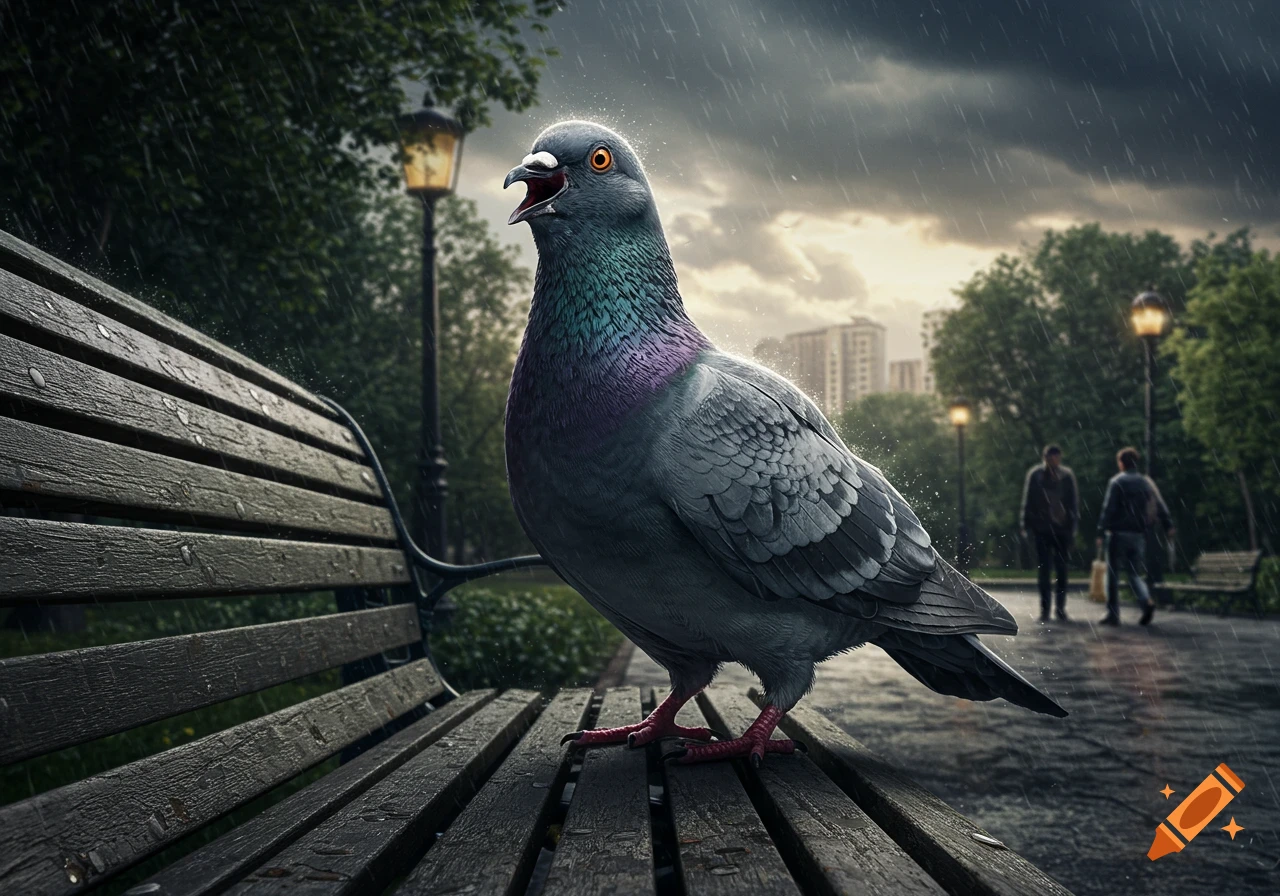 A large pigeon with its mouth open, appearing angry, stands on a wet park bench in the rain. Photorealistic.