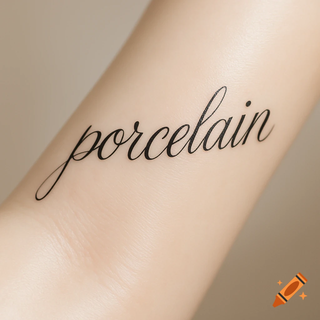 Close-up of a black cursive tattoo spelling 'porcelain' on a person's forearm.