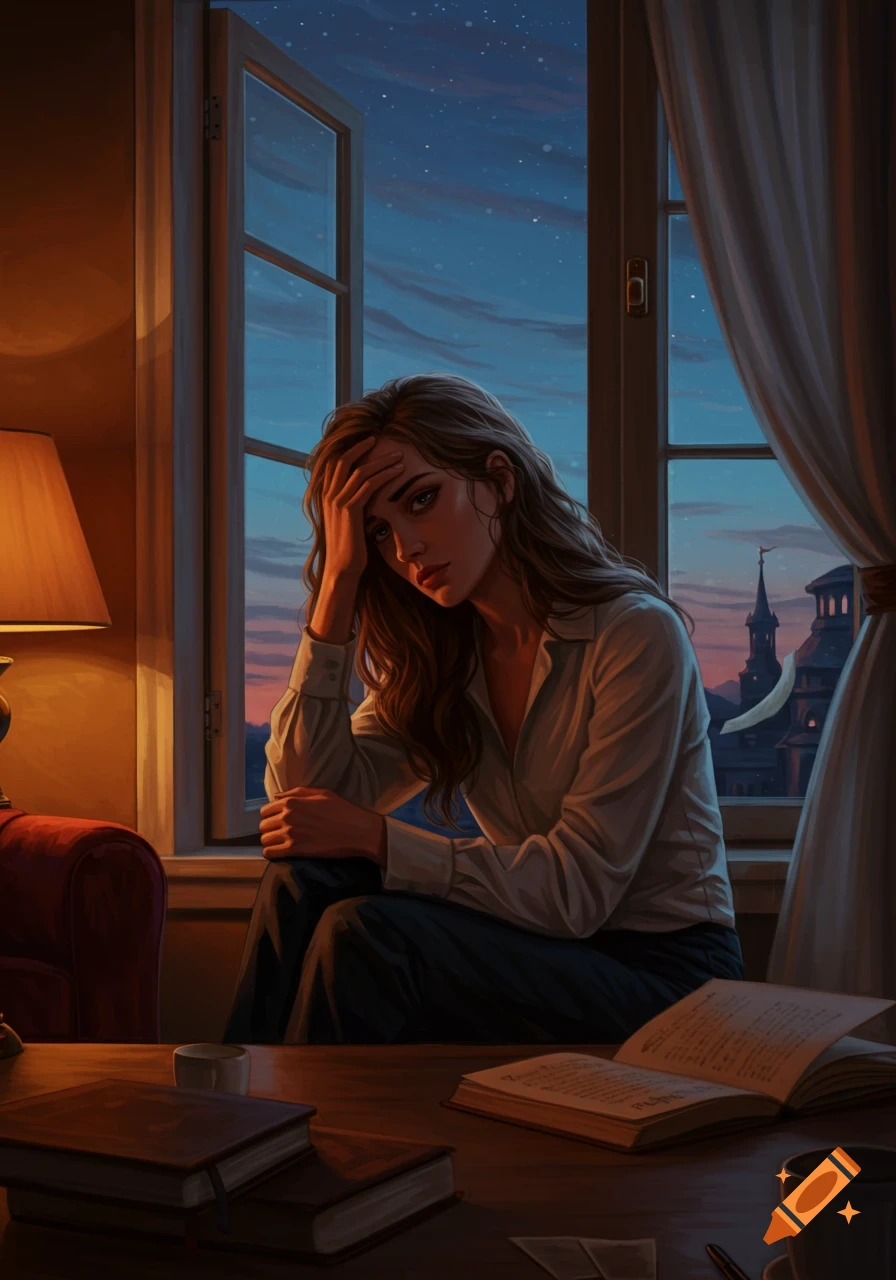 An illustrated portrait of a distressed woman in a white shirt sitting by a window at dusk, head in hand, with books on a table.