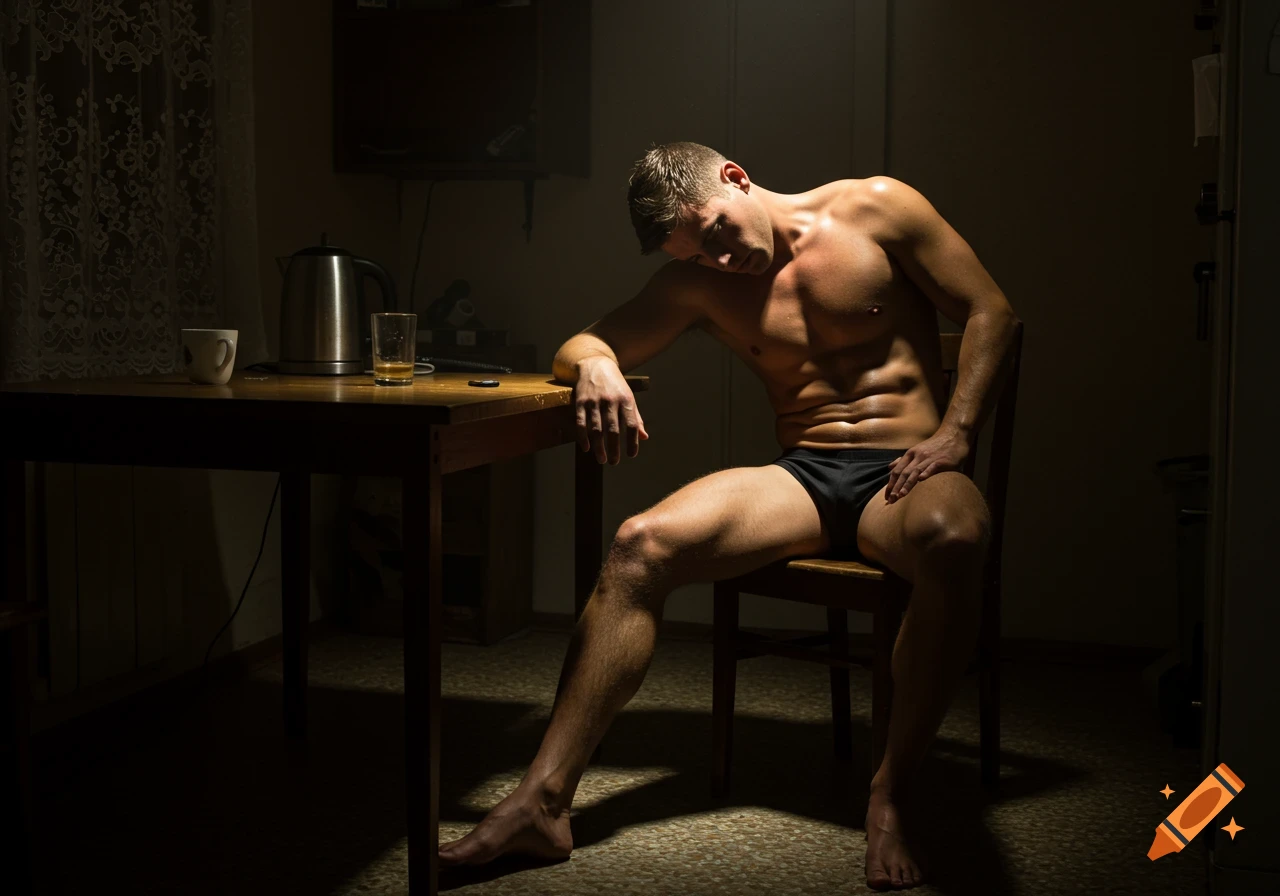 A tired, muscular man in black trunks sits at a kitchen table in dramatic low light, photorealistic.