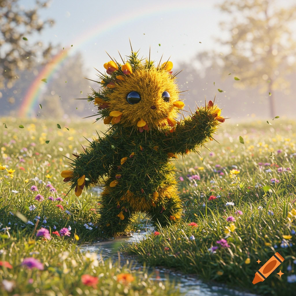 A cute, spiky creature made of green thorns and yellow flowers stands in a vibrant field with a rainbow, photorealistic.