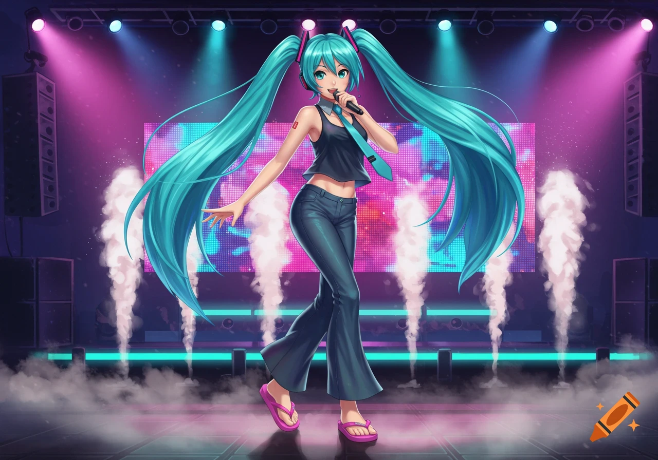 Hatsune Miku with long teal twin-tails, wearing a black tank top, flare pants, and pink flip-flops, singing on a brightly lit concert stage with fog.