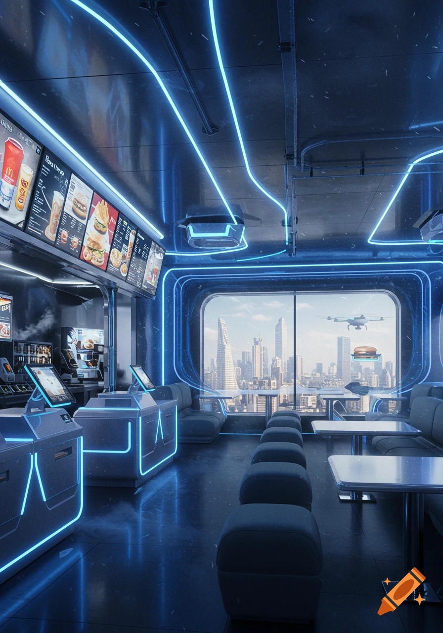 A futuristic McDonald's interior with neon blue lights, self-order kiosks, and a large window overlooking a futuristic city skyline with a drone delivering a burger.